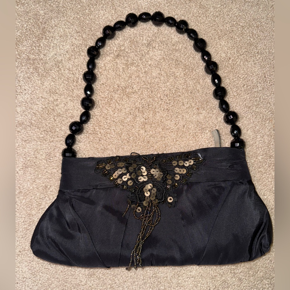 Jessica McClintock Black Satin Clutch with Gold Sequin Design